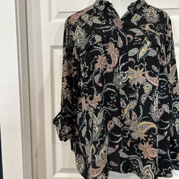 Investments Plus Size 1X Crepe Polyester Blouse Black Pink Paisley Floral - Picture 8 of 13